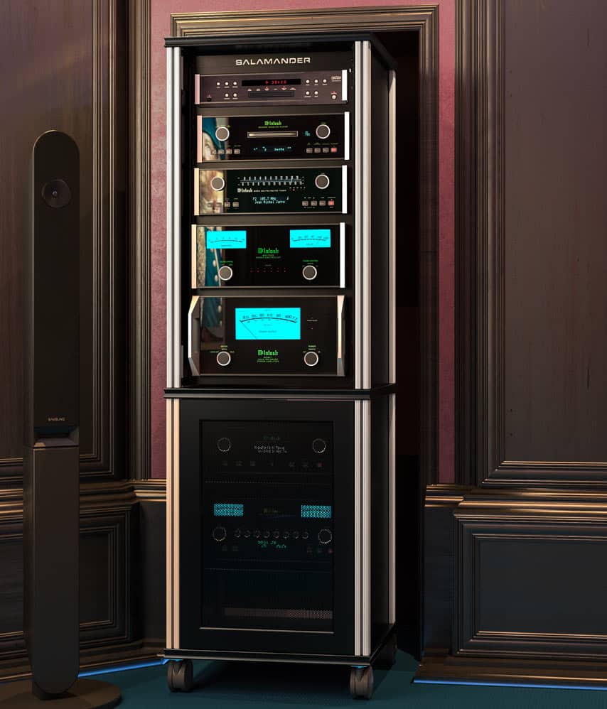 Barcelona cabinet with several custom features such as a refrigerator, trash bins and adjustable shelves